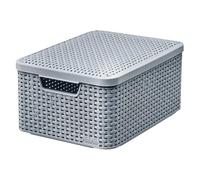 Curver Rattan Style Storage Box with Lid, 18 L, Storage Basket, Plastic, Made of Recycled Material in at least 70% (Light Grey, M: 38.6 x 28.7 x 17 cm)