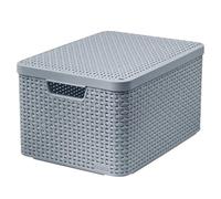 Curver Rattan Style Storage Box with Lid, Storage Basket, Plastic, Made of Recycled Material in at least 70% (Light Grey, L: 44.5 x 33 x 24.8 cm)