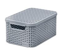 Curver Rattan Style Storage Box with Lid, Storage Basket, Plastic, Made of Recycled Material in at least 70% (Light Grey, S: 28.5 x 19.4 x 13 cm)