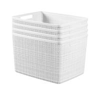 Curver Set of 4 Jute Large Decorative Plastic Organization and Storage Baskets Perfect Bins for Home Office, Closet Shelves, Kitchen Pantry and All Bedroom Essentials, White, 4