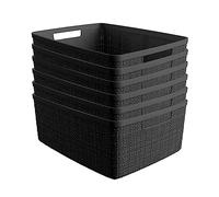 Curver Set of 6 Jute Medium Decorative Plastic Organization and Storage Baskets Perfect Bins for Home Office, Closet Shelves, Kitchen Pantry and All Bedroom Essentials, Black