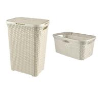 CURVER Style Rattan Effect Bathroom, Utility Rectangular Laundry Hamper 60 Litre AND Laundry Basket 45 Litre Set - Vintage