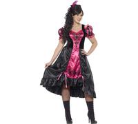 Smiffys Curves Sassy Saloon Costume, Pink with Dress & Feather Hairclip, Cowboys and Indians Fancy Dress, Western Dress Up Costumes