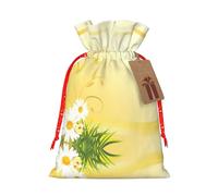 Curving Chamomile Flowers Flying Butterflies Christmas Canvas Gift Bag With Drawstring,Reusable Personalizedgift Bag