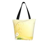 Curving Chamomile Flowers Flying Butterflies Fashion Canvas Tote Bag With All Over Print Design,Large Reusable Shopper Tote With Double Handles,Beach Tote, Weekend Bag