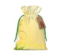 (Curving Chamomile Flowers Flying Butterflies) Printed Christmas S Size Gift Bags with Green Ribbon Drawstring Candy Bags for Kids Xmas Holiday Christmas Eve Presents