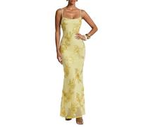 Curvphilo Women's Bodycon Maxi Summer Dress 3D Satin Floral Mesh Formal Evening Dress Wedding Guest Cocktail Prom Party (US, Alpha, X-Small, Regular, Regular, Yellow)