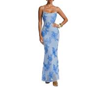Curvphilo Women's Bodycon Maxi Summer Dress 3D Satin Floral Mesh Formal Evening Dress Wedding Guest Cocktail Prom Party (US, Alpha, Small, Regular, Regular, Blue)