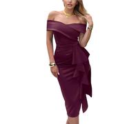 CurvySweet Off The Shoulder Formal Evening Midi Dress Built-in Bra Bodycon Ruched Slit Cocktail Fall Wedding Guest Dresses Burgundy