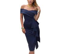 CurvySweet Off The Shoulder Formal Evening Midi Dress Built-in Bra Bodycon Ruched Slit Cocktail Fall Wedding Guest Dresses Navy Blue