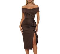 CurvySweet Off The Shoulder Formal Evening Midi Dress Built-in Bra Bodycon Ruched Slit Cocktail Fall Wedding Guest Dresses Brown