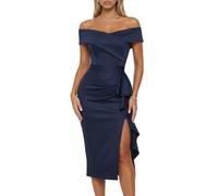 CurvySweet Off The Shoulder Formal Evening Midi Dress Built-in Bra Bodycon Ruched Slit Cocktail Fall Wedding Guest Dresses Navy Blue