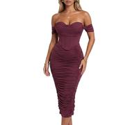 CurvySweet Women's Off The Shoulder Cocktail Midi Dress Built-in Bra Ruched Bodycon Corset Fall Homecoming Wedding Guest Burgundy