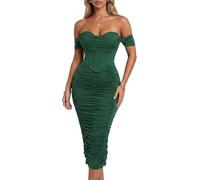 CurvySweet Women's Off The Shoulder Midi Dress Built-in Bra Ruched Corset Bodycon Formal Night Out Cocktail Party Dresses Dark Green