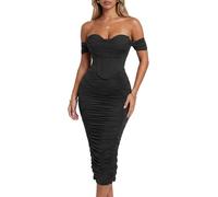 CurvySweet Women's Off The Shoulder Midi Dress Built-in Bra Ruched Corset Bodycon Formal Night Out Cocktail Party Dresses Black