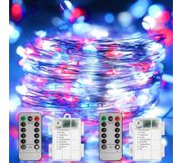 Curyidy 4th of July Decorations Lights, Red White Blue String Lights 2 Pack 100LED Fairy Lights Battery Operated Remote Control Patriotic Lights for Independence Memorial Day Decorations