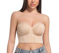 Curyon Anti-Slip Longline Strapless Bra - Full Bust Corset with Wide Back Tummy Control & Supportive Boning Seamless Everyday Shapewear Beige 34DD