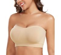 Curyon Strapless Bra Non-Slip Supportive Multiway Bandeau Tube Bra Padded Wirefree Seamless Removable Pads Adjustable Clear Straps Beige S