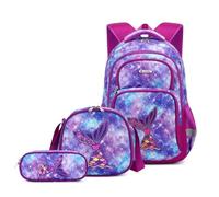 Cusangel Purple Mermaid 3pcs Set with Lunch Box Pencil Case,Multi Compartment Backpack, Dinosaur Backpack Chest Strap Side Pockets 16 Inch