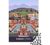 Cusco Peru Cityscape Illustration Jigsaw Puzzle 1000 Pieces, Vintage Architecture Destination, 1000 Pieces for Adults, Travel Gift for Puzzle Lovers, Paper Board, 52x38cm/1000pcs