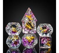 cusdie 7-Die DND Dice, Polyhedral Dice Set Filled with Animal, for Role Playing Game Dungeons and Dragons D&D Dice（Yellow Bee Purple Flower）
