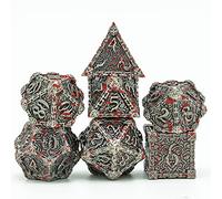Cusdie Metal Dice with Tin Box, 7 PCs DND Metal Dice, Dagger Design Polyhedral Dice Set, for Role Playing Game D&D(Ancient Silver-Bloodstained)