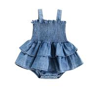 Cusghjbsg Baby Girl Denim Romper Sleeveless Suspender Pleated Design Ruffle Layered Hem Bottom Snap Button Cute Jean Jumpsuit (Blue A, 3-6 Months)