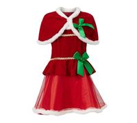Cusghjbsg Girl Christmas Costumes Fuzzy Trim Cape and Bow Cami Dress 2 Piece Mrs Claus Outfit Xmas Cosplay Holiday Party (Red A, 12 Years)