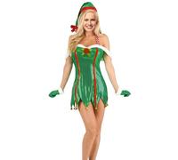 Cusghjbsg Women Christmas Elf Costumes Set Long Sleeve Velvet A Line Dress And Belt Hat Shoes Striped Stockings Holiday Party Cosplay Set (Green 01, S)