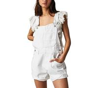 Cusghjbsg Women Denim Bib Short Overalls Adjustable Suspender Romper Shorts Casual Rolled Cuff Wide Leg Jumpsuit Shortalls With Pocket (A-White, S)