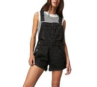 Cusghjbsg Women Denim Bib Short Overalls Adjustable Suspender Romper Shorts Casual Rolled Cuff Wide Leg Jumpsuit Shortalls With Pocket (A-Black, XL)
