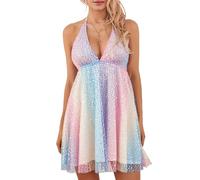Cusghjbsg Women Glitter Sequin Halter Neck Mini Dress Sparkly Deep V Neck Tie-Up Backless A-Line Layered Ruffled Club Rave Party Dress (Colorful B, L)
