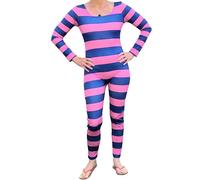 Cusghjbsg Women Halloween Cheshire Cat Cosplay Costume Long Sleeve Stripe Print Contrast Color Slim Jumpsuit Role Play Outfit Romper (Pink Purple A, XL)