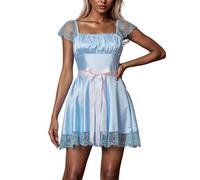 Cusghjbsg Women Halloween Cosplay Dress Short Puff Sleeve Doll Collar Lace Trim Patchwork Sweet Mini A Line Dress with Floral Belt (Blue B, S)