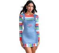 Cusghjbsg Women Halloween Creepy Killer Doll Costume Stripe Long Sleeve Crew Neck Tops Scary Nightmare Letter Print Suspender Dress Outfit (Multi-Color, L)