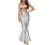 Cusghjbsg Women Halloween Mermaid Costumes High Waist Sequin Scales Bodycon Fishtail Skirt Cosplay Masquerade Role-Playing Party Outfits (Silver A, L)