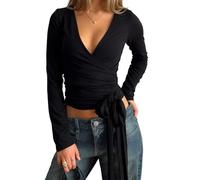 Cusghjbsg Women’s Cross Wrap Tie Tops Y2K Solid Color Long Sleeve Deep V Neck Ruched Hem Slim Fit T-Shirts Yoga Pilates Workout Blouses (Black F, L)