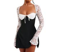 Cusghjbsg Women’s Lace Patchwork Long Sleeve Dress Y2K Low Cut Back Tie Mini Dress Slim-fit Tunic A-line Dress Cocktail Party Clubwear (Multi-Color A, L)