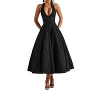 Cusghjbsg Women Y2k Jacquard Corset Dress Summer Elegant Sleeveless Halter Neck Low Cut Backless High Waist A-Line Flowy Beach Party Dress (Black B, M)