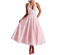 Cusghjbsg Women Y2k Jacquard Corset Dress Summer Elegant Sleeveless Halter Neck Low Cut Backless High Waist A-Line Flowy Beach Party Dress (Pink B, L)