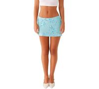 Cusghjbsg Women Y2k Sequin Mini Skirt Summer Sparkly Beaded Flower Low Rise A-line Bodycon Wrap Short Pencil Skirt Party Club Streetwear (Blue A, S)