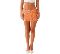 Cusghjbsg Women Y2k Sequin Mini Skirt Summer Sparkly Beaded Flower Low Rise A-line Bodycon Wrap Short Pencil Skirt Party Club Streetwear (Orange A, S)