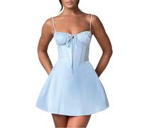 Cusghjbsg Women Y2K Sleeveless Cami Dress Summer Solid Color Square Neck Corset Tie Up Above Knee A-Line Cocktail Party Mini Sundress (A-Blue, S)