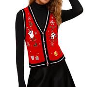 Cusghjbsg Womens Christmas Ugly Sweater Vests Y2k V Neck Pattern Print Button Up Knit Tank Tops Lightweight Waistcoat Gilets Outwear (Red C, S)