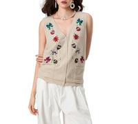 Cusghjbsg Womens Christmas Ugly Sweater Vests Y2k V Neck Pattern Print Button Up Knit Tank Tops Lightweight Waistcoat Gilets Outwear (Beige A, L)