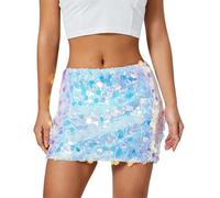 Cusghjbsg Women's Fish-Scale Sequins Mini Skirts Casual Solid Color Glitter Low Rise Belly Dance Wrap Bodycon A-line Skirts Clubwear (Blue Purple B, M)