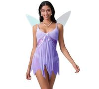 Cusghjbsg Women's Halloween Fairy Cosplay Costume Forest Lace Floral V-Neck Pretty Pixie Princess Cami Slip Dress with Wing 2 Pcs Outfits (Lavender A, S)