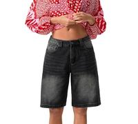 Cusghjbsg Women's Knee Length Loose Denim Shorts Summer Casual Heart Pattern High Waist Baggy Bermuda Wide Leg Jean Shorts with Pockets (Dark Gray L, M)