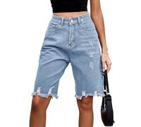 Cusghjbsg Women's Knee Length Loose Denim Shorts Summer Casual Heart Pattern High Waist Baggy Bermuda Wide Leg Jean Shorts with Pockets (Sky Blue D, L)