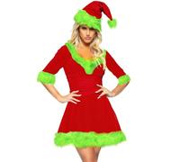 Cusghjbsg Women's Mrs Claus Santa Costume Outfits Christmas Fancy Velvet Hooded Dress Cosplay Themed Party Stage Show Costume with Belt (Wine Red F, XL)